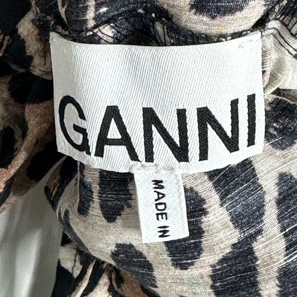 GANNI Cedar Tie Back Leopard Print Puff Sleeve Top Linen and Silk  SZ 38 - Picture 6 of 11